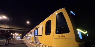 A new Tyne and Wear Metro train on its first test run in the North East, between South Gosforth and Monkseaton. Photo: Omar Nairi.